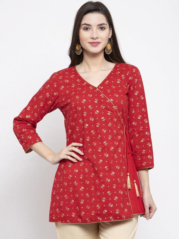 Women's  Red & Golden Foil Print Angrakha Tunic - Wahe-NOOR