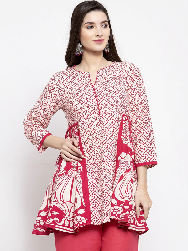 Women's  Women's Off-White & Pink Printed Tunic - Wahe-NOOR