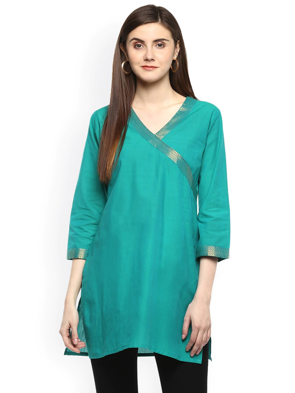 Women's  Sea Green Handloom Mangalgiri Solid  Tunic - Wahe-NOOR