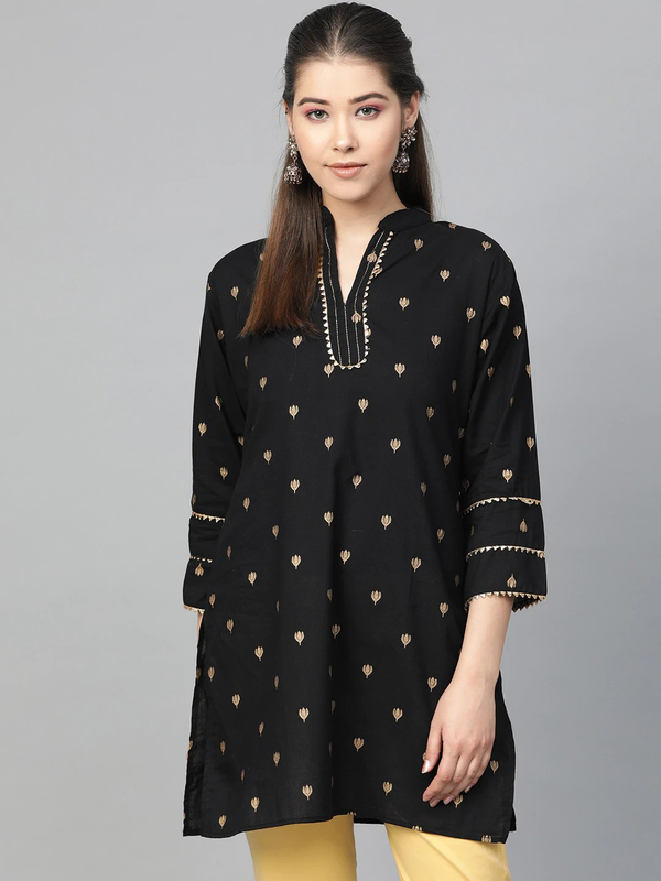 Women's  Black & Golden Printed Tunic - Wahe-NOOR