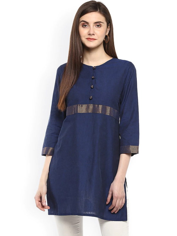 Women's  Blue Handloom Mangalgiri Solid Tunic - Wahe-NOOR