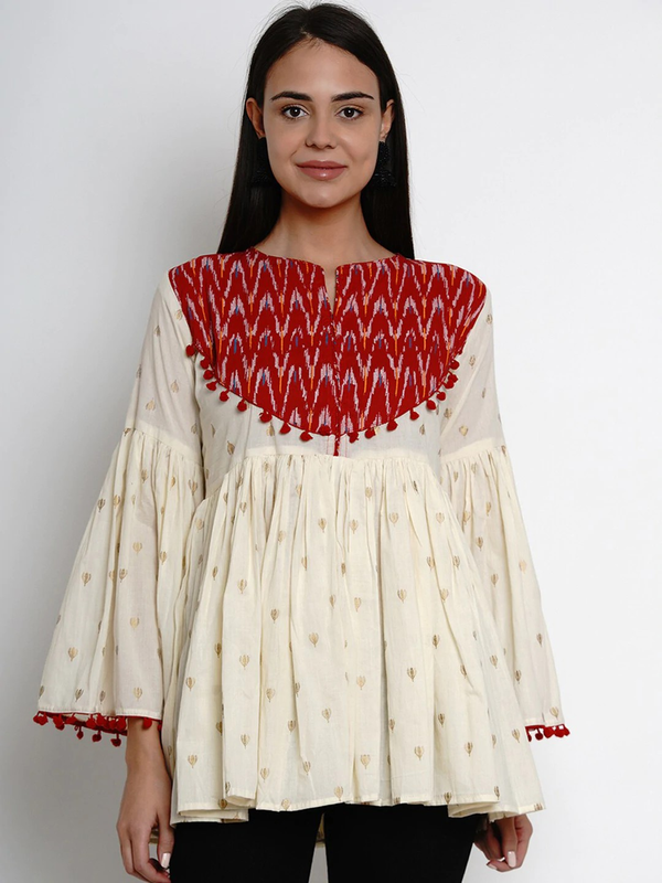 Women's  Cream-Coloured & Red Printed Peplum Top - Wahe-NOOR