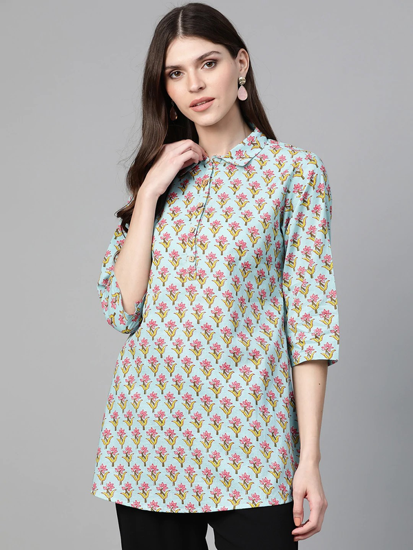 Women's  Blue & Pink Floral Print Shirt Tunic - Wahe-NOOR