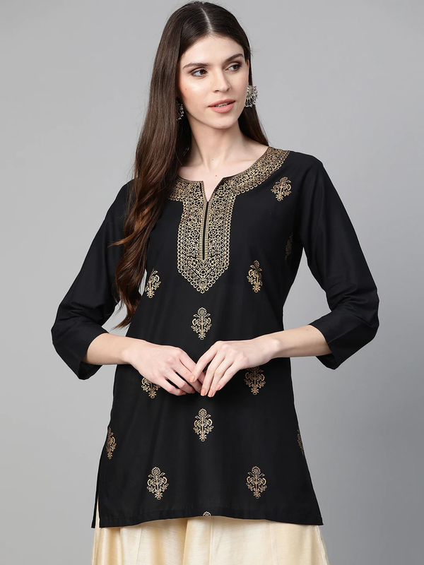 Women's  Black & Golden Foil Print Tunic - Wahe-NOOR