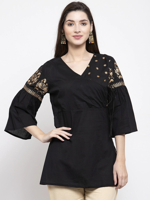 Women's  Black Solid Angrakha Tunic - Wahe-NOOR