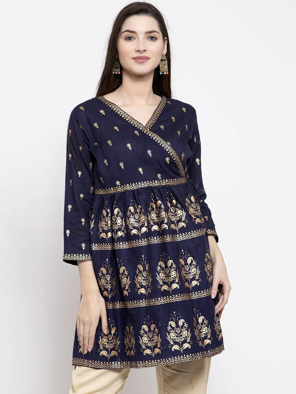 Women's  Navy Blue & Golden Foil Print Angrakha Tunic - Wahe-NOOR