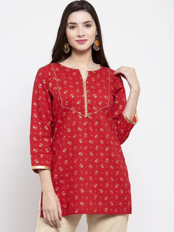 Women's  Red & Golden Foil Print Tunic - Wahe-NOOR