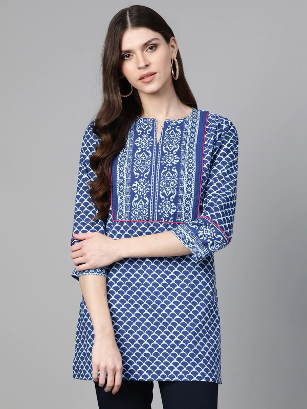 Women's  Blue & White Printed Tunic - Wahe-NOOR