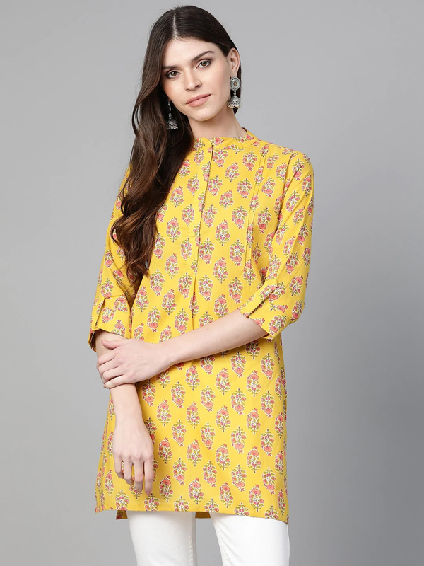 Women's  Mustard Yellow & Pink Floral Print Tunic - Wahe-NOOR