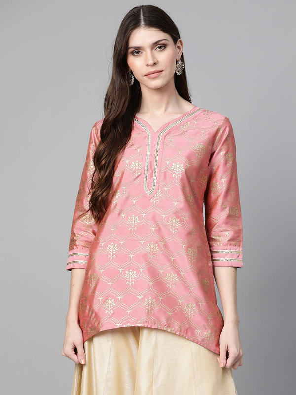 Women's  Pink & Golden Printed Asymmetric Tunic - Wahe-NOOR