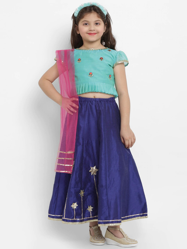 Girl's Green & Blue Embroidered Lehenga & Blouse Set with Dupatta  - NOZ2TOZ KIDS