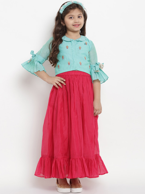 Girl's Turquoise Blue & Pink Lehenga & Blouse Set  - NOZ2TOZ KIDS