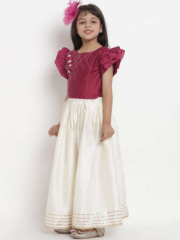 Girl's Maroon & Off-White Lehenga & Blouse Set  - NOZ2TOZ KIDS