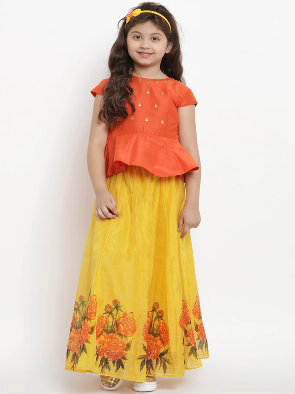 Girl's Orange & Yellow Lehenga & Blouse Set  - NOZ2TOZ KIDS