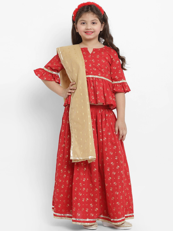 Girl's Red & Gold Lehenga & Blouse Set with Dupatta  - NOZ2TOZ KIDS