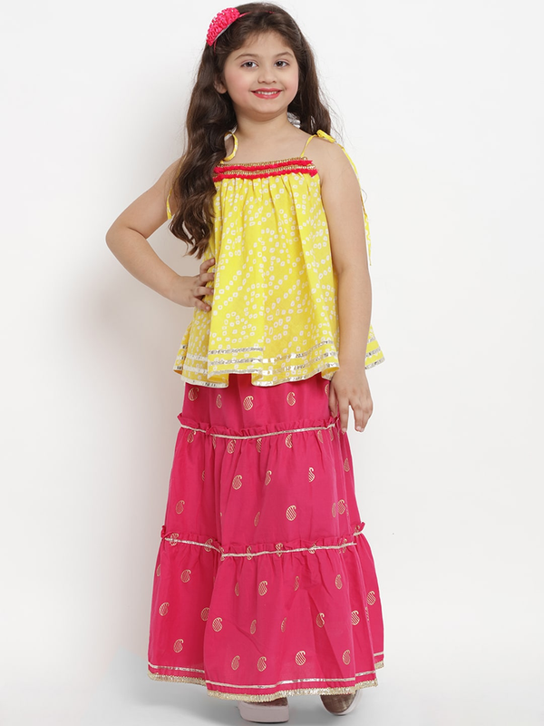 Girl's Yellow & Pink Lehenga & Blouse Set  - NOZ2TOZ KIDS