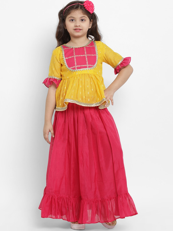 Girl's Yellow & Pink Lehenga & Blouse Set  - NOZ2TOZ KIDS