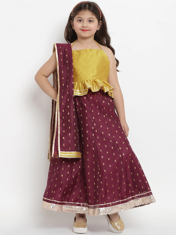 Girl's Mustard Yellow & Burgundy Printed Lehenga & Blouse Set  - NOZ2TOZ KIDS