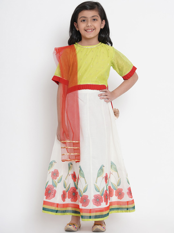 Girl's Off-White & Lime Green Woven Design Lehenga & Blouse Set with Dupatta  - NOZ2TOZ KIDS