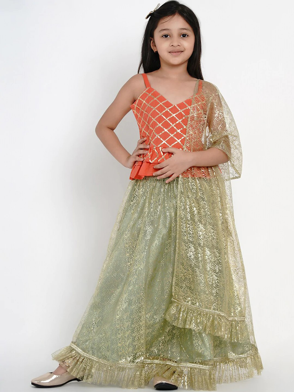 Girl's Green & Peach Embellished Lehenga & Blouse Set with Dupatta  - NOZ2TOZ KIDS