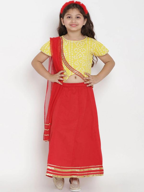 Girl's Yellow & Red Printed Lehenga & Blouse Set with Dupatta  - NOZ2TOZ KIDS