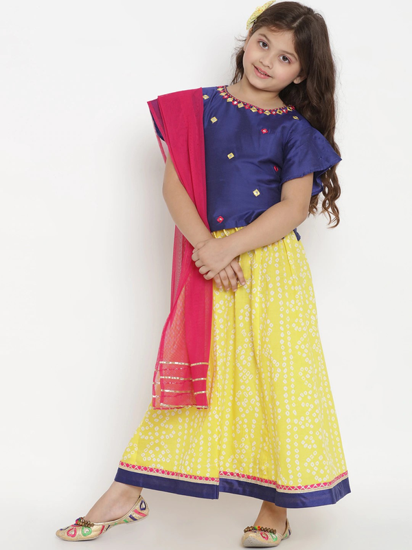 Girl's Blue & Yellow Solid Lehenga & Blouse Set with Dupatta  - NOZ2TOZ KIDS