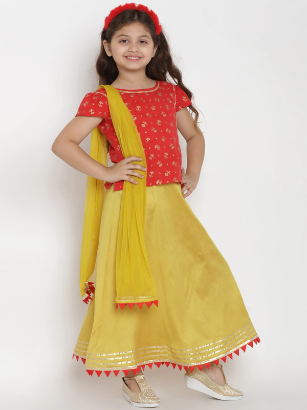 Girl's Red & Yellow Printed Lehenga & Blouse Set with Dupatta  - NOZ2TOZ KIDS