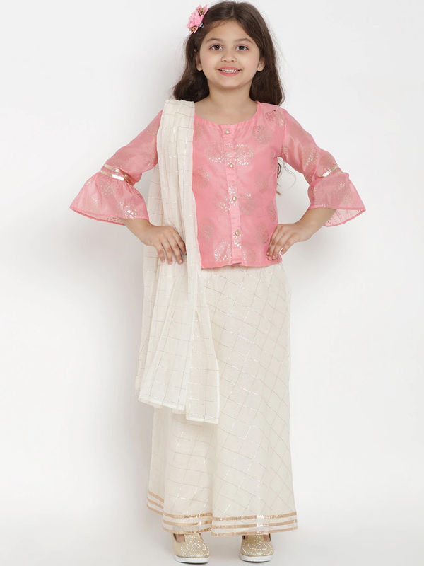 Girl's Pink & White Printed Lehenga & Blouse Set with Dupatta  - NOZ2TOZ KIDS