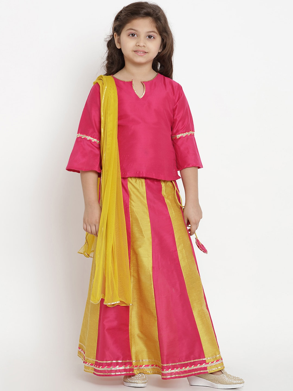 Girl's Pink & Mustard Solid Lehenga & Blouse Set with Dupatta  - NOZ2TOZ KIDS