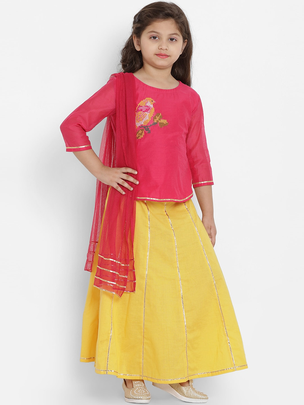 Girl's Yellow & Yellow Solid Lehenga & Blouse Set with Dupatta  - NOZ2TOZ KIDS