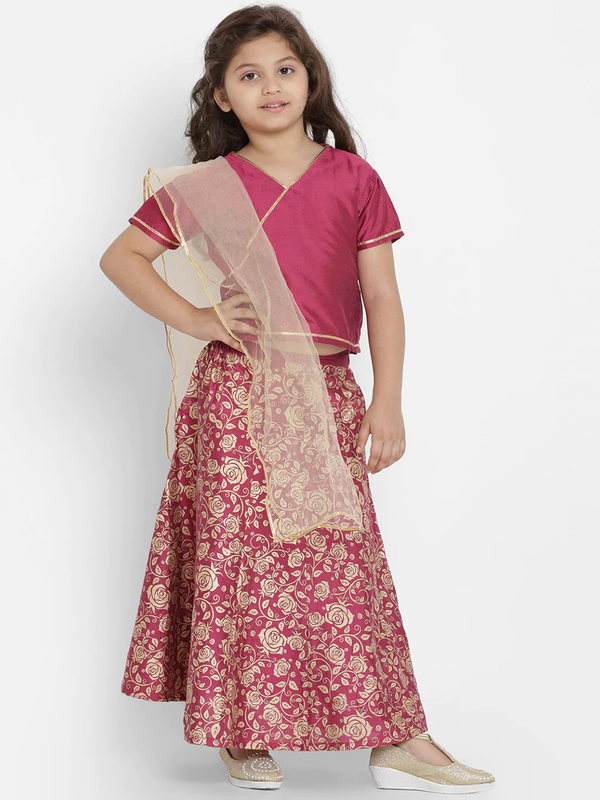 Girl's Burgundy & Beige Solid Lehenga & Blouse Set with Dupatta  - NOZ2TOZ KIDS