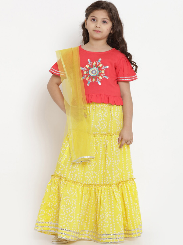 Girl's Yellow & Orange Solid Lehenga & Blouse Set with Dupatta  - NOZ2TOZ KIDS