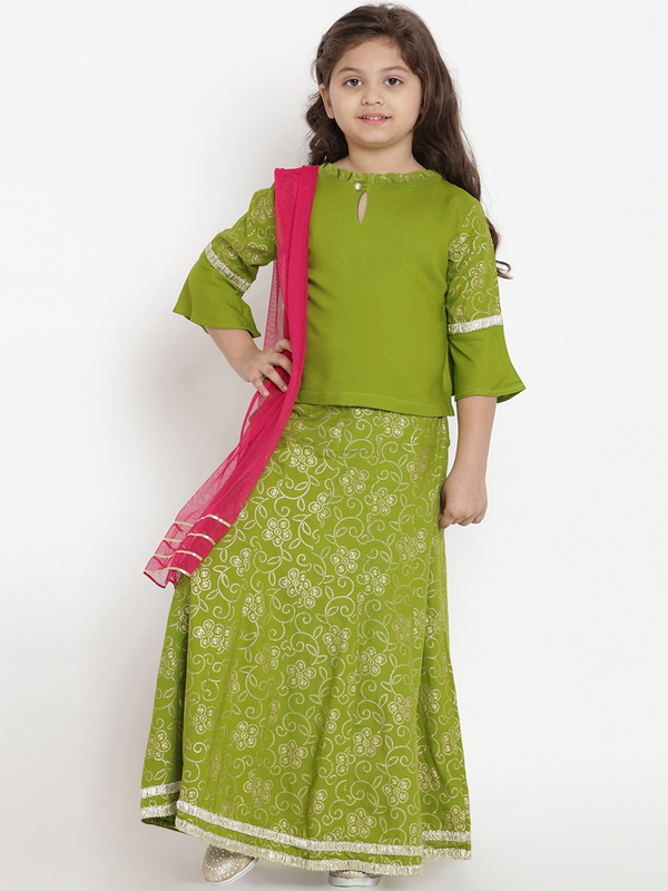 Girl's Green & Fuchsia Solid Lehenga & Blouse Set with Dupatta  - NOZ2TOZ KIDS