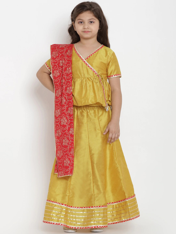 Girl's Mustard Yellow & Red Lehenga & Blouse Set with Dupatta  - NOZ2TOZ KIDS