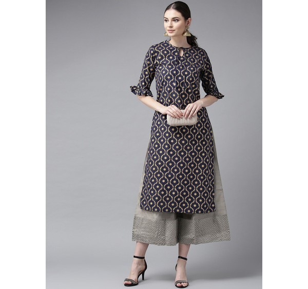 Women's  Navy Blue & Golden Block Printed Straight Kurta - Wahe-NOOR