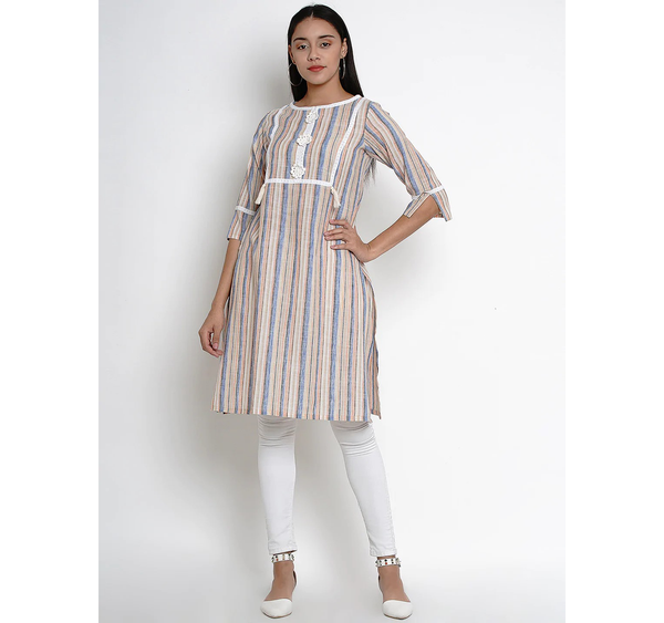 Women's  Beige & Blue Striped Straight Kurta - Wahe-NOOR