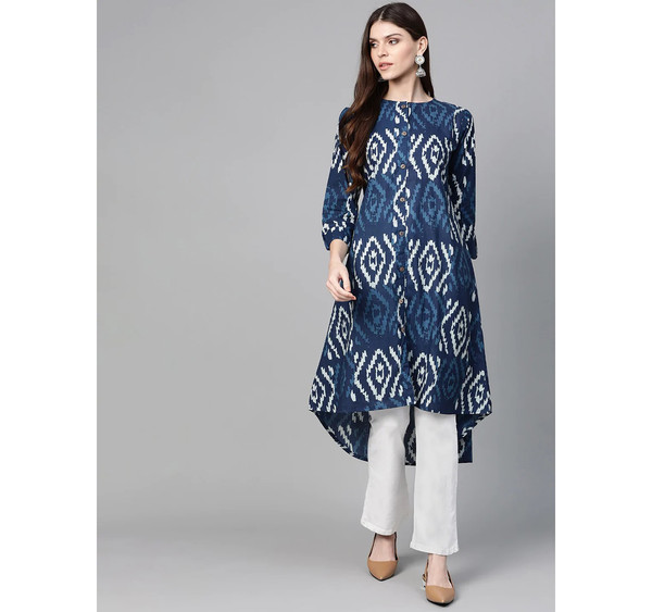 Women's  Navy Blue & Off-White Screen Print A-Line Kurta - Wahe-NOOR