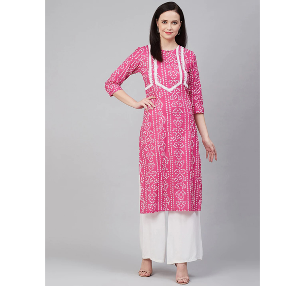 Women's  Pink & White Yoke Design Straight Bandhani Kurta - Wahe-NOOR