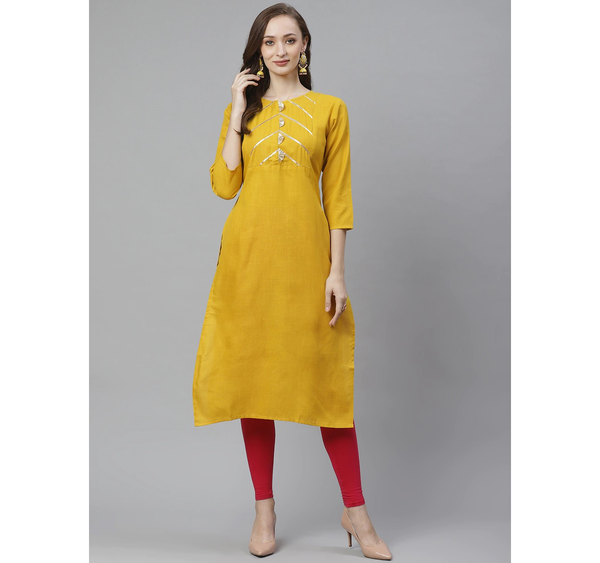 Women's  Mustard Yellow Gotta Patti Yoke Design Straight Kurta - Wahe-NOOR