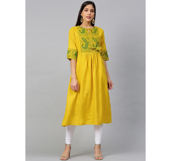 Women's  Yellow & Green Block Print Yoke Design A-Line Kurta - Wahe-NOOR