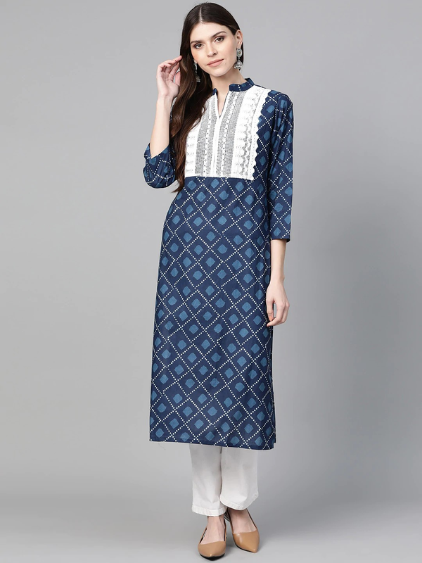 Women's  Navy Blue Printed Straight Kurta - Wahe-NOOR