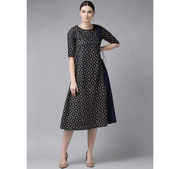 Women's  Navy Blue & Golden Printed Angrakha A-Line Dress - Wahe-NOOR