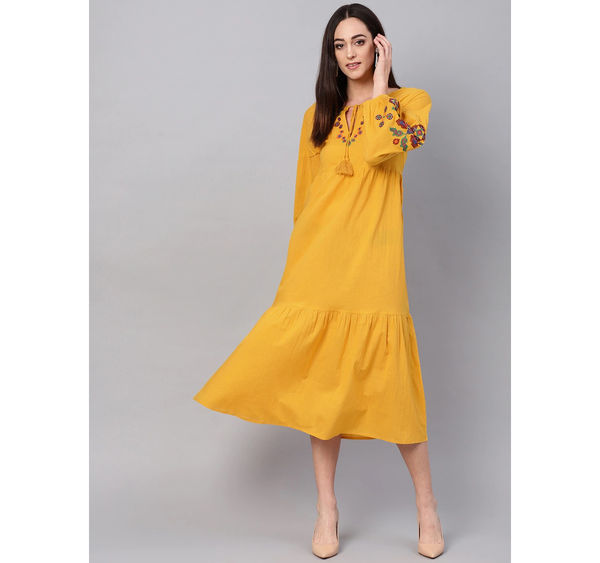 Women's  Mustard Yellow Solid Tiered A-Line Dress - Wahe-NOOR