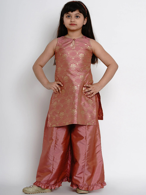 Girl's Peach Printed Kurta & Palazzo Set  - NOZ2TOZ KIDS