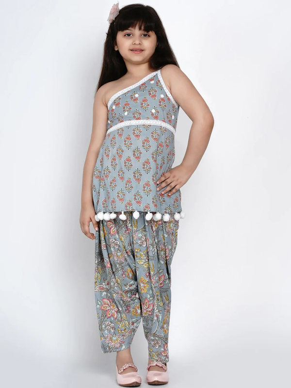 Girl's Grey & Pink Floral Printed Kurta & Patiala Set  - NOZ2TOZ KIDS