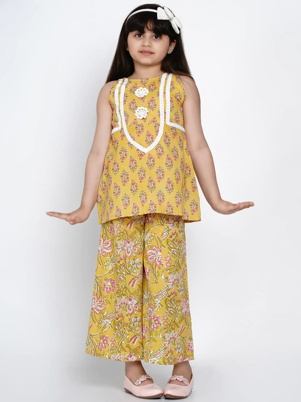 Girl's Yellow & Pink Embroidered Kurta & Palazzo Set  - NOZ2TOZ KIDS