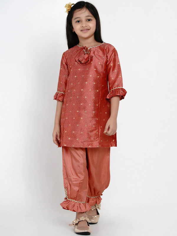 Girl's Peach Woven Design Kurta & Patiala Set  - NOZ2TOZ KIDS