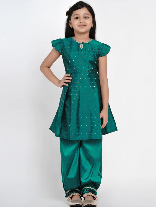 Girl's Green & Gold Woven Design Kurta & Salwar Set  - NOZ2TOZ KIDS