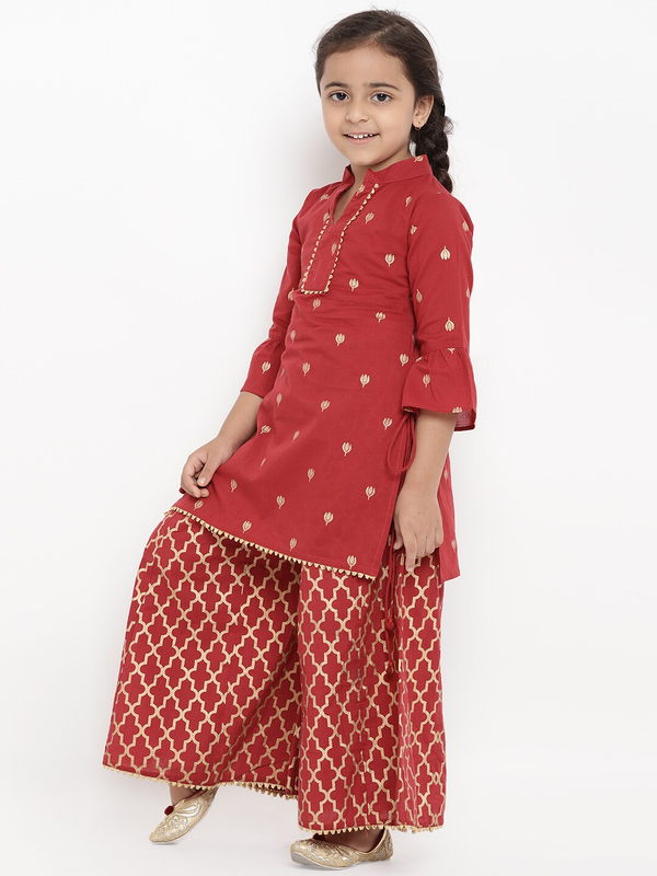 Girl's Maroon Printed Kurta & Palazzo Set  - NOZ2TOZ KIDS