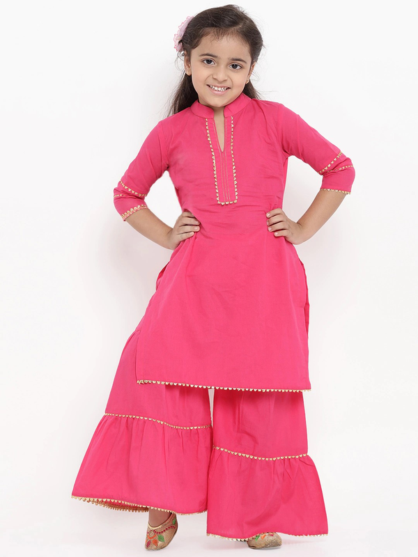 Girl's Pink Solid Kurta & Palazzo Set  - NOZ2TOZ KIDS